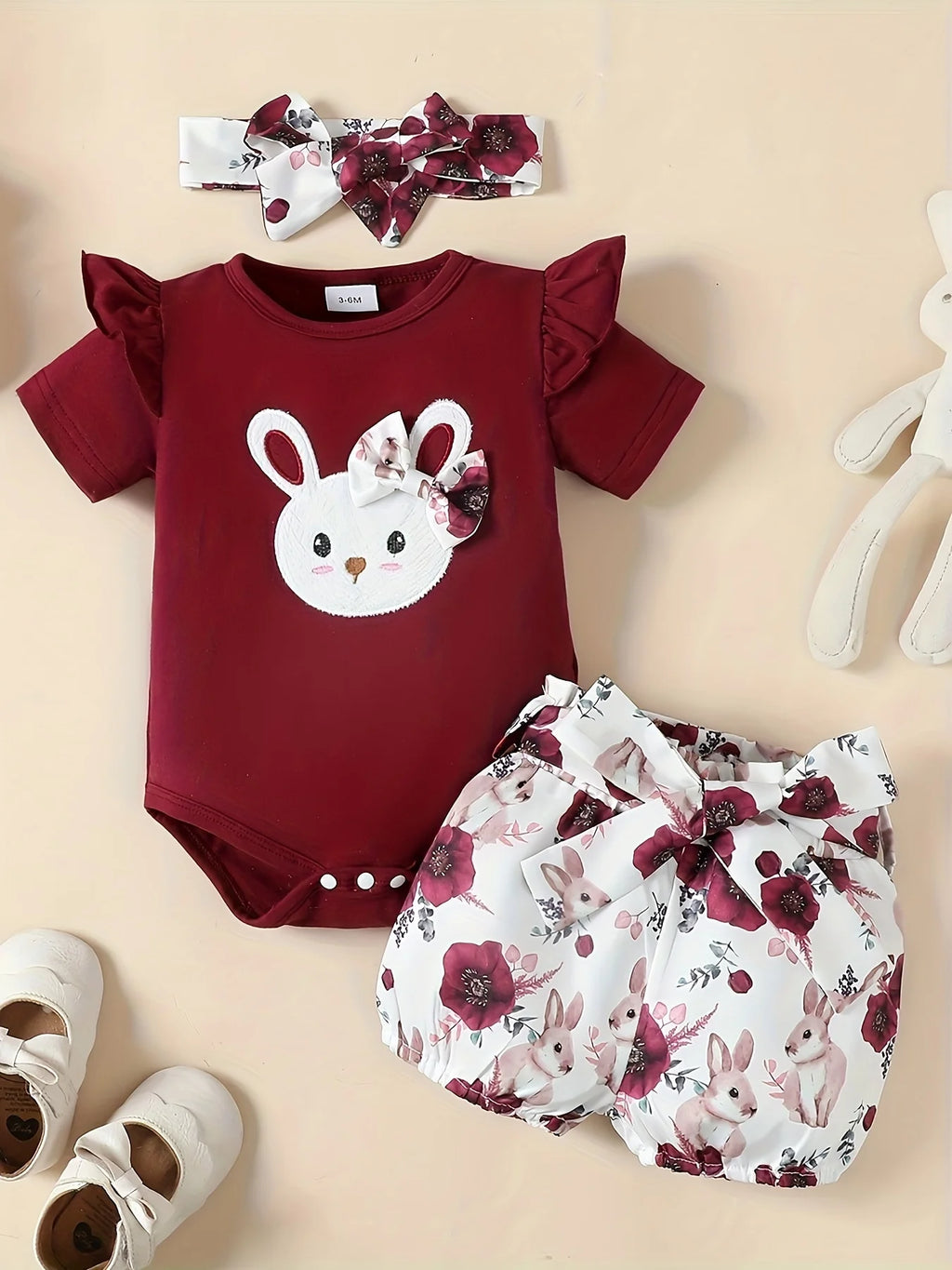 0-18 Months Newborn Baby girl Flying sleeve Cute Small Rabbit Jumpsuit+Rabbit Printed Shorts Set Baby girl Easter Costume