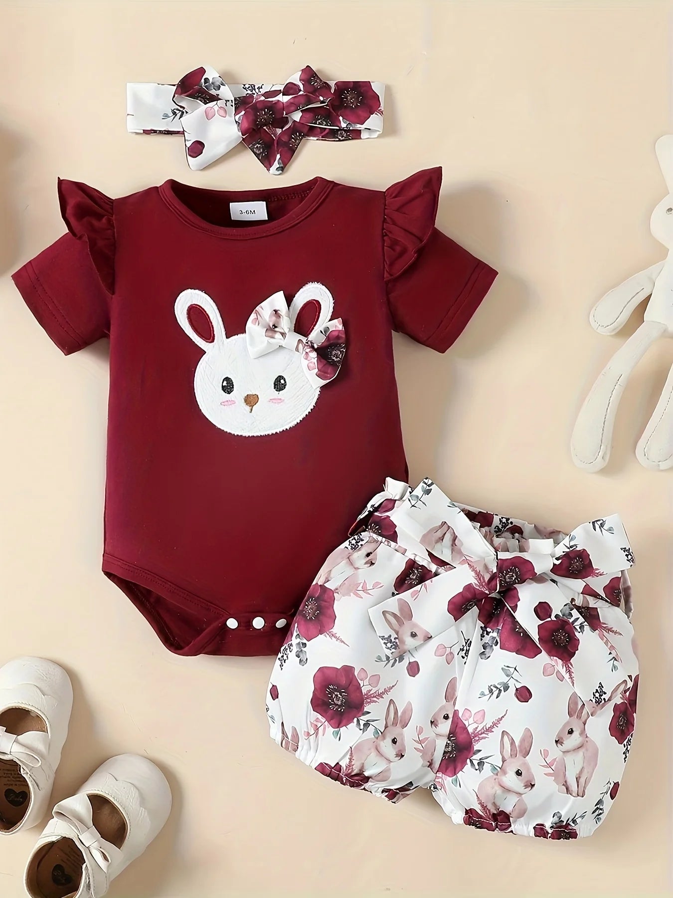 0-18 Months Newborn Baby girl Flying sleeve Cute Small Rabbit Jumpsuit+Rabbit Printed Shorts Set Baby girl Easter Costume