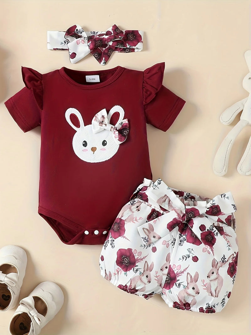 0-18 Months Newborn Baby girl Flying sleeve Cute Small Rabbit Jumpsuit+Rabbit Printed Shorts Set Baby girl Easter Costume