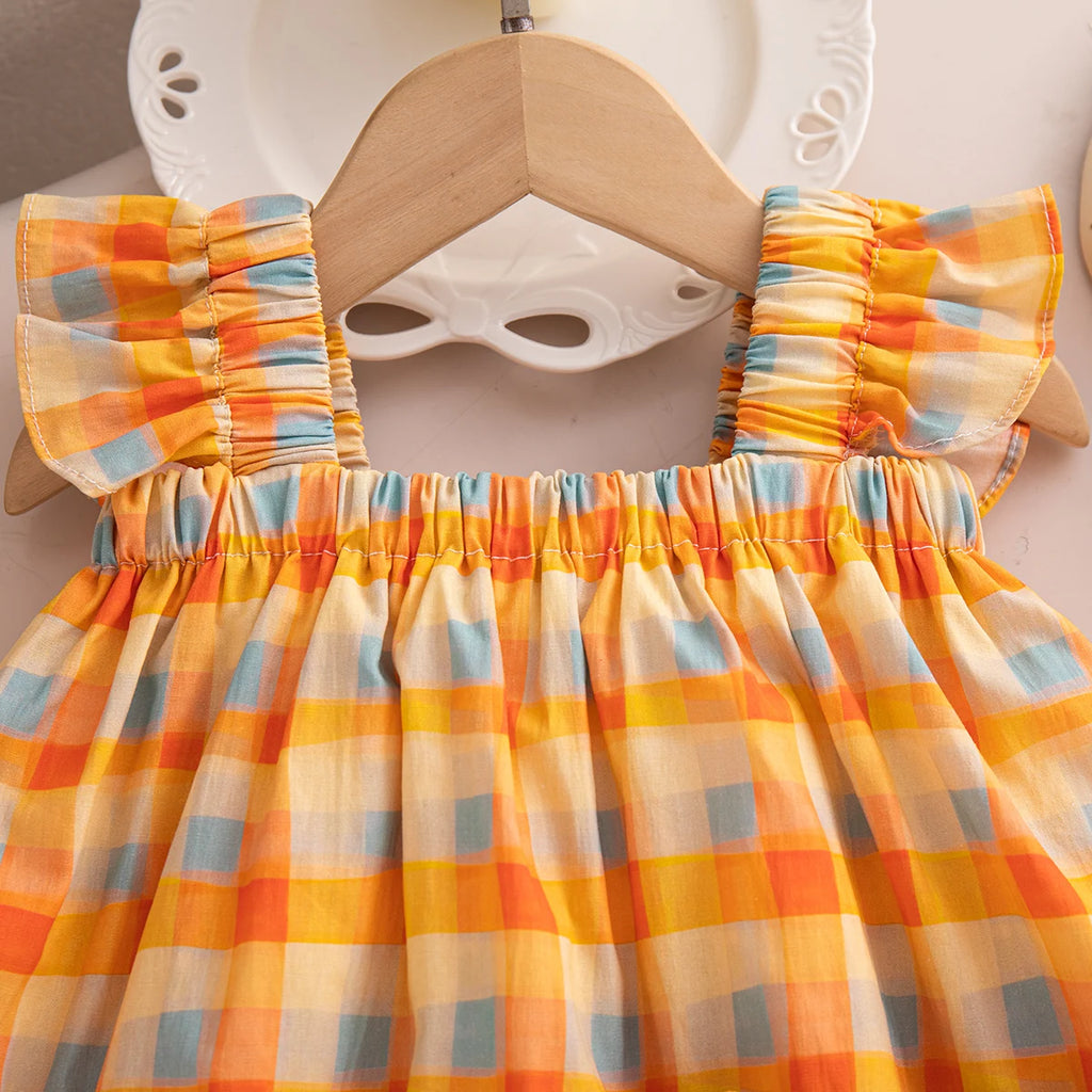 Korean Style Toddler Holiday Sets Summer Comfortable Cotton Orange Bow Plaid Suspender Tops And Breathable Baby Girl Shorts