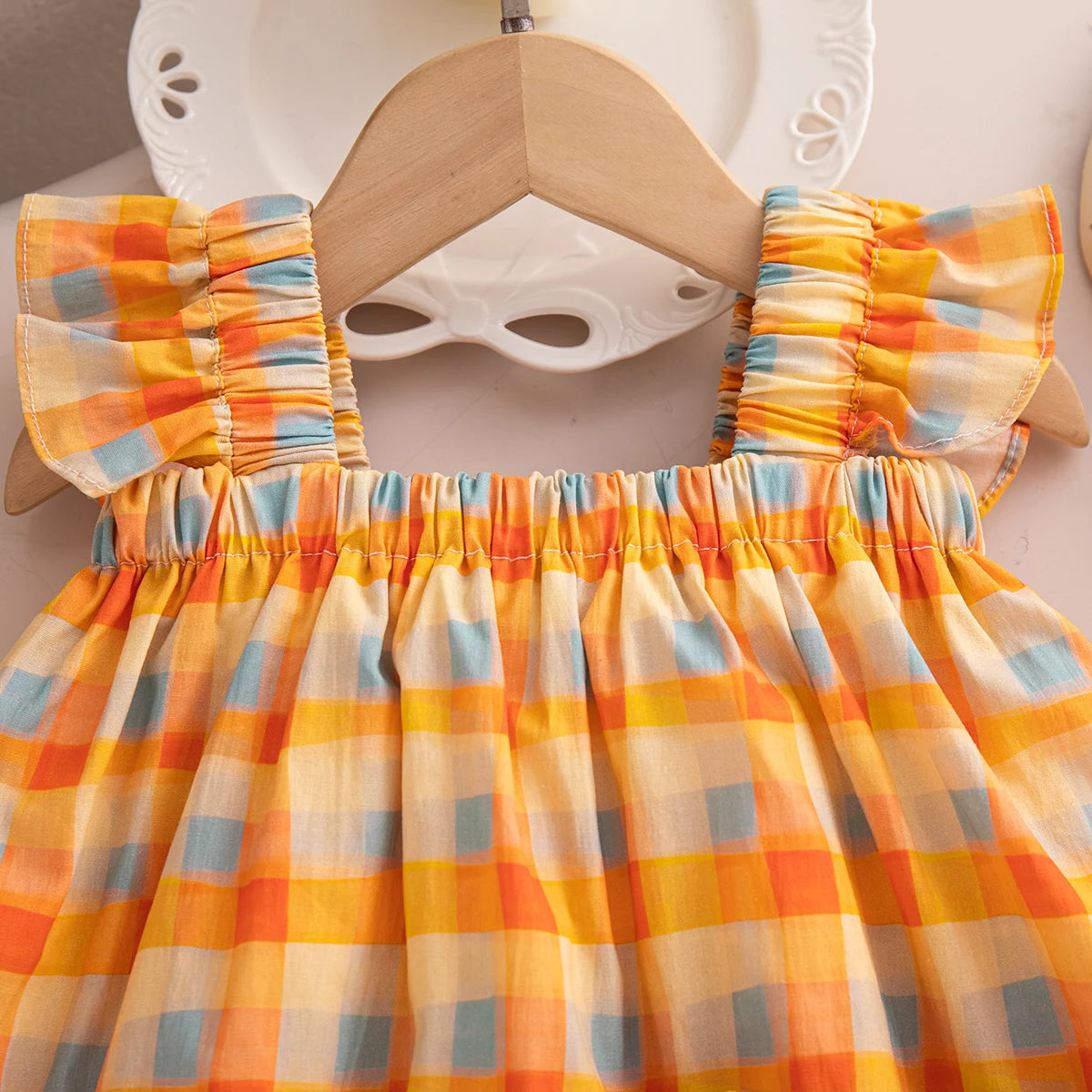 Korean Style Toddler Holiday Sets Summer Comfortable Cotton Orange Bow Plaid Suspender Tops And Breathable Baby Girl Shorts