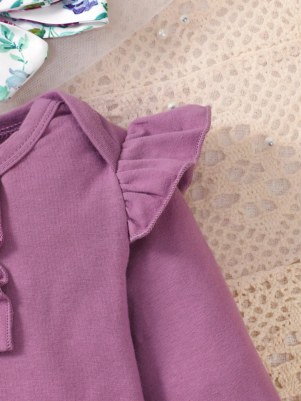 Newborn Girl Baby Set Purple Flared Sleeve Bodysuit + Flower Backband Pant for 0-24 Months Old Female Baby Spring & Autumn Set
