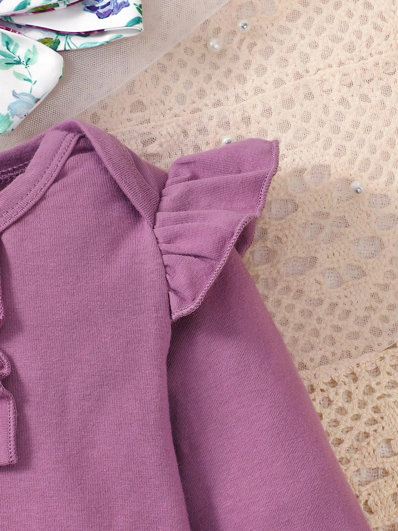 Newborn Girl Baby Set Purple Flared Sleeve Bodysuit + Flower Backband Pant for 0-24 Months Old Female Baby Spring & Autumn Set