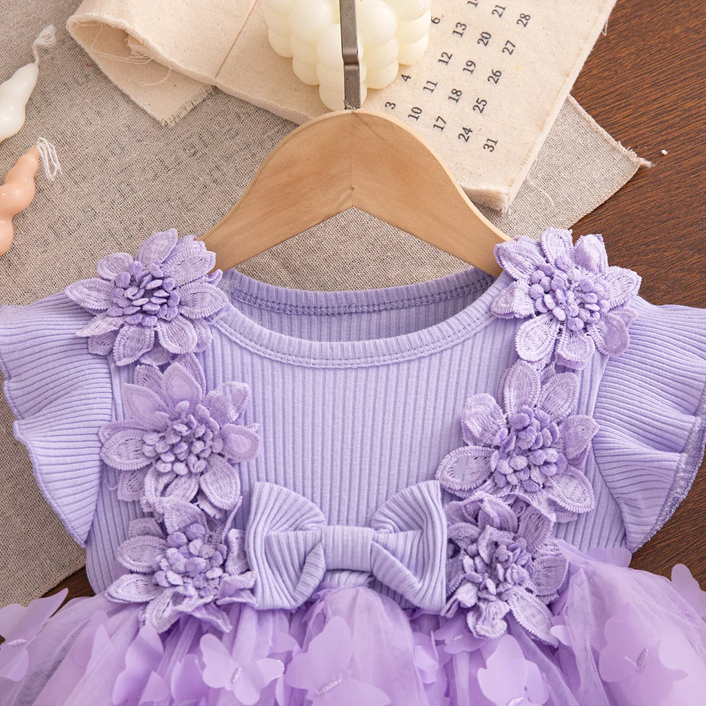 Summer Fashion Solid Color Toddler Princess Fairy Dress Korean Style Sweet Pink Bow Birthday Party Baby Girl Butterfly Dress