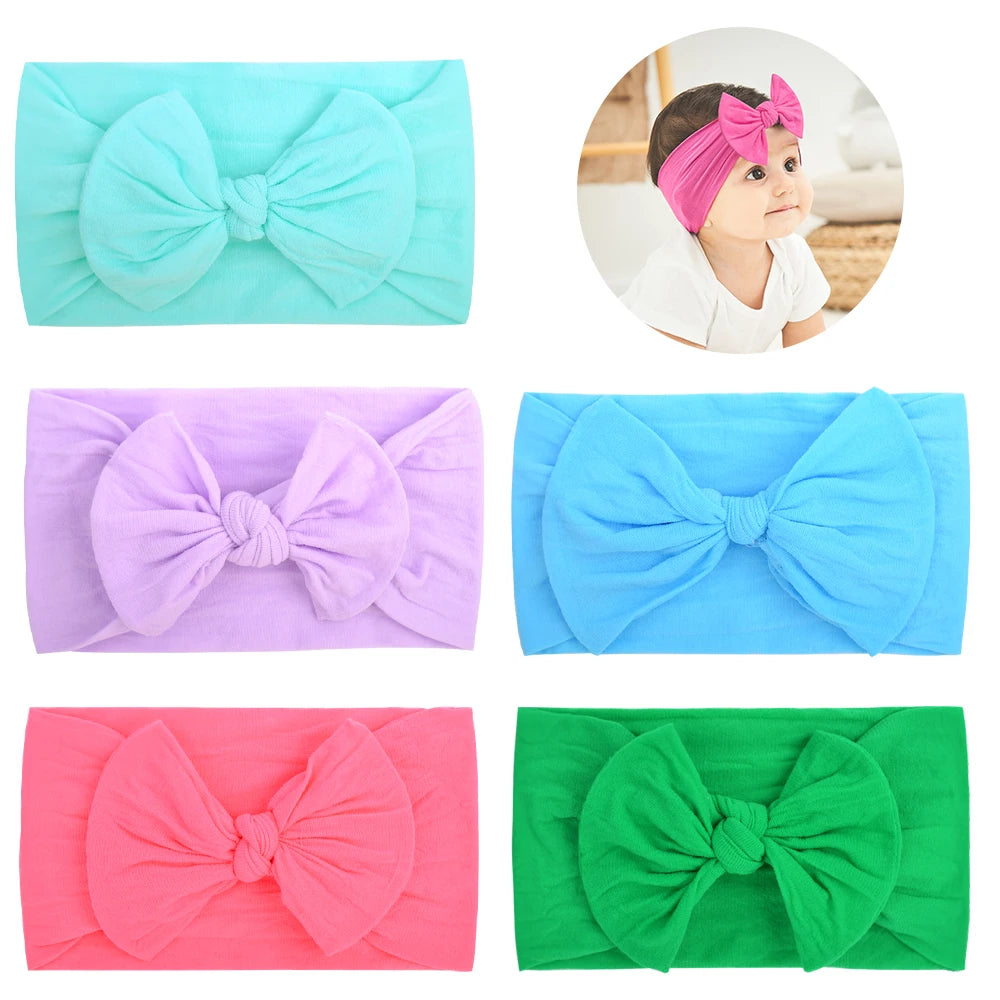 5Pcs/lot Bright Nylon Solid Color Baby Headband Set 3.5inch Bowknot Casual Headties Soft and Non Damaging To Hair