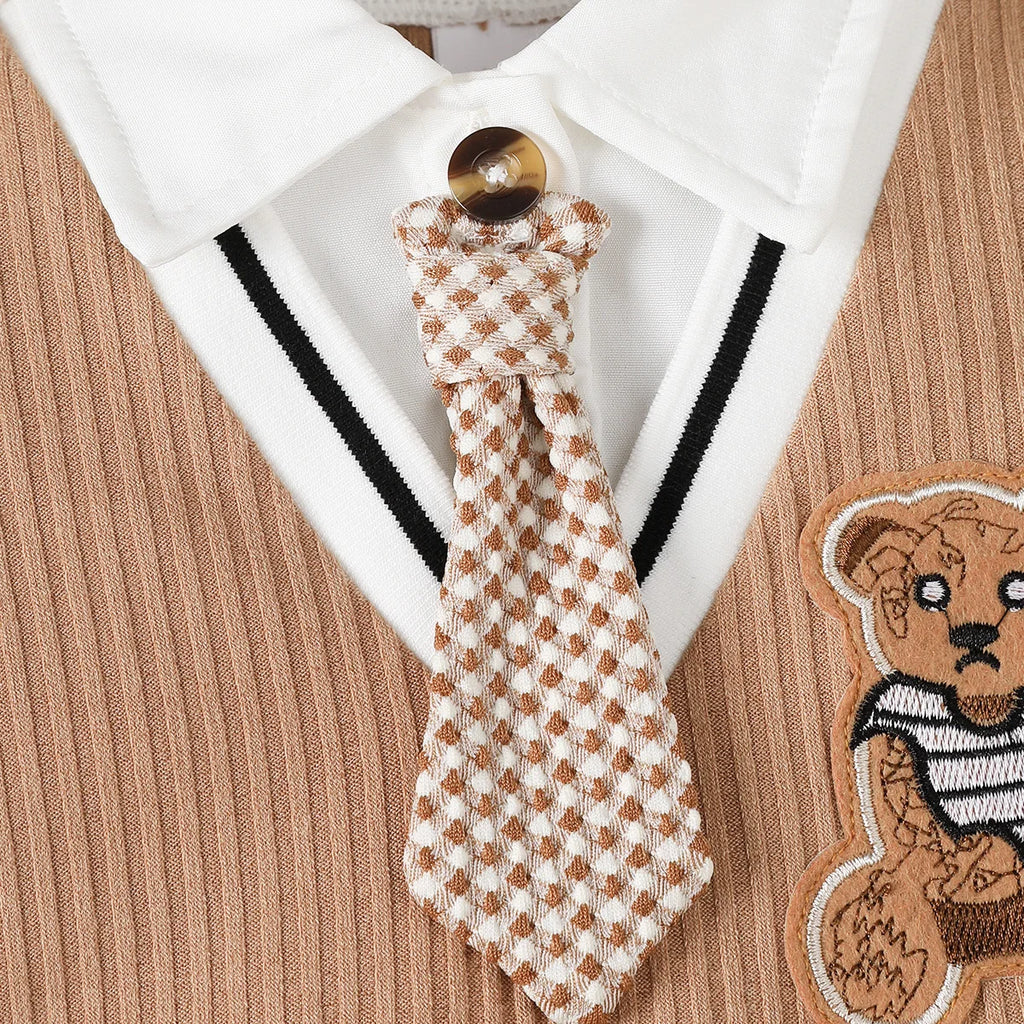 0-18 Months Baby boy Jumpsuit Collar Cartoon Teddy Bear Short Brown Jumpsuit for Birthday Party Little Gentleman Jumpsuit