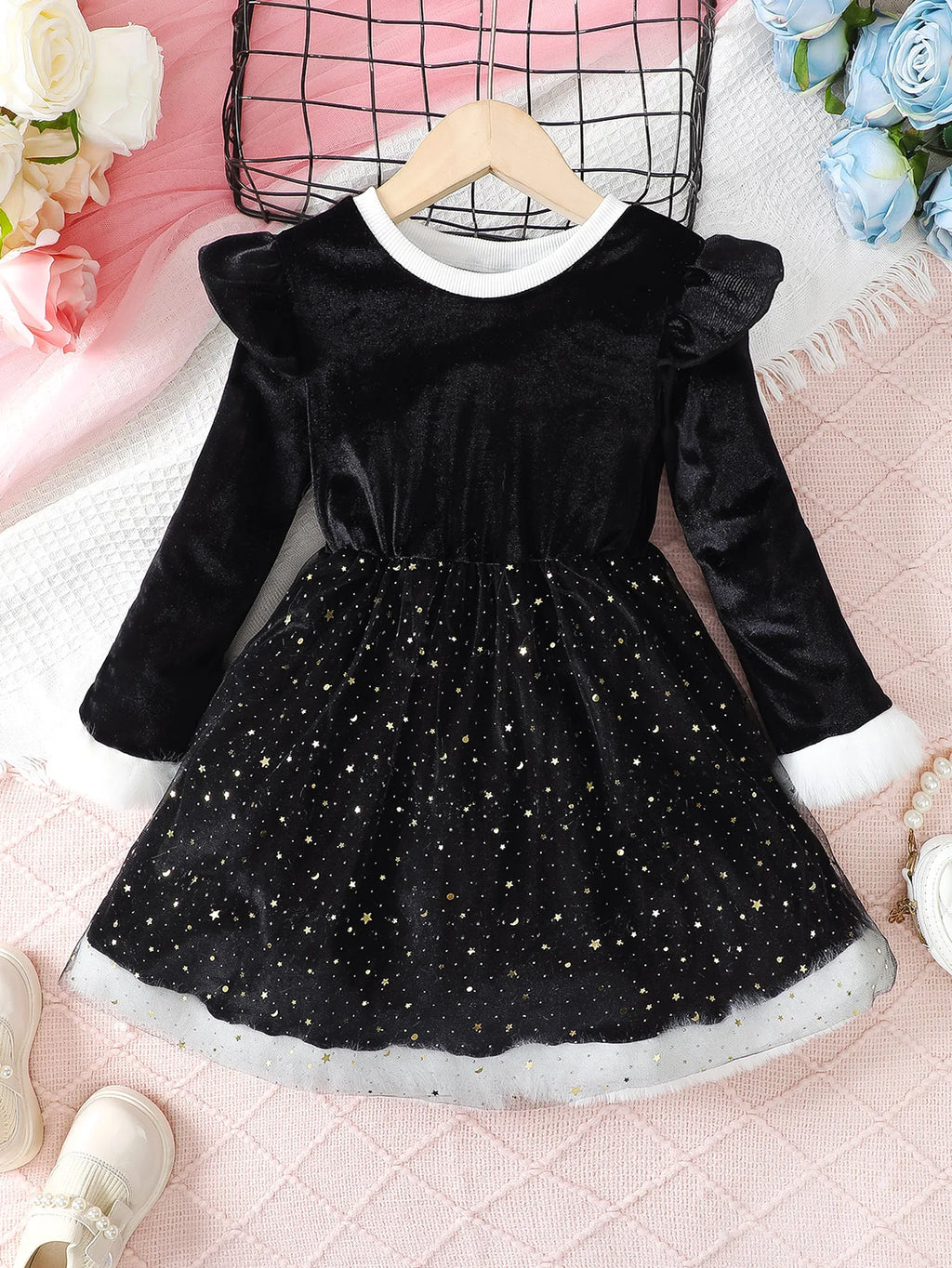 4-7 Year Children Girls Dress Round neck Satin Stars Tulle Ceremonial Dress for Girls' Spring  Autumn Fashion Party Dress
