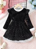 4-7 Year Children Girls Dress Round neck Satin Stars Tulle Ceremonial Dress for Girls' Spring  Autumn Fashion Party Dress