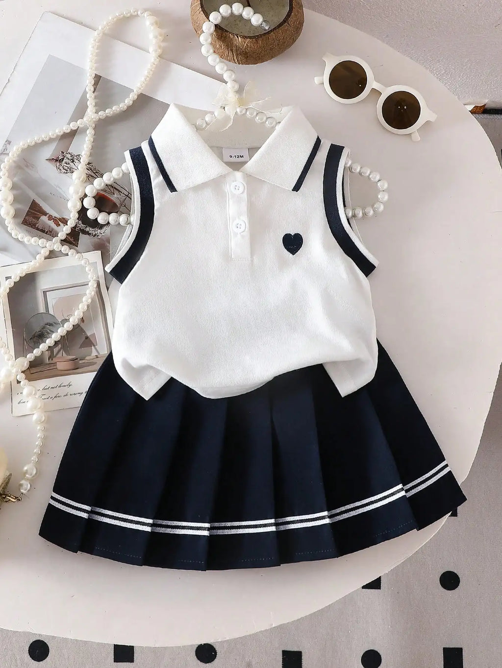 Two piece set of baby girl heart embroidered POLO collar sleeveless top and woven casual pleated short skirt with sweet and cool