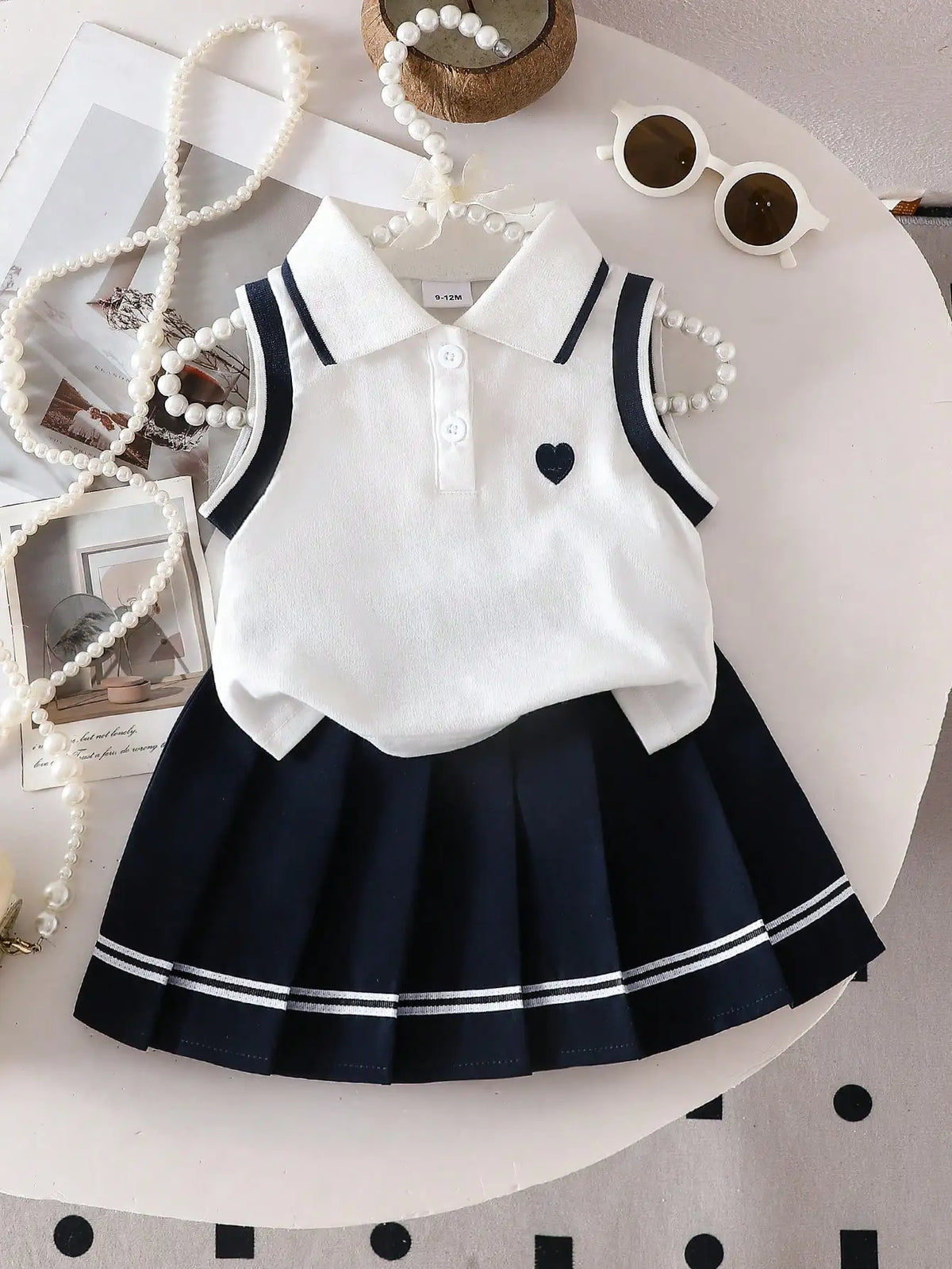 Two piece set of baby girl heart embroidered POLO collar sleeveless top and woven casual pleated short skirt with sweet and cool