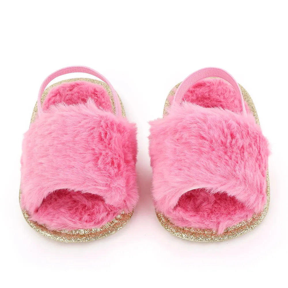 Spring Winter Fashion Multicolor Faux Fur Baby Girl Slipper Non-slip Newborn Cute Infant Toddler Crib Dress Shoes First Walkers