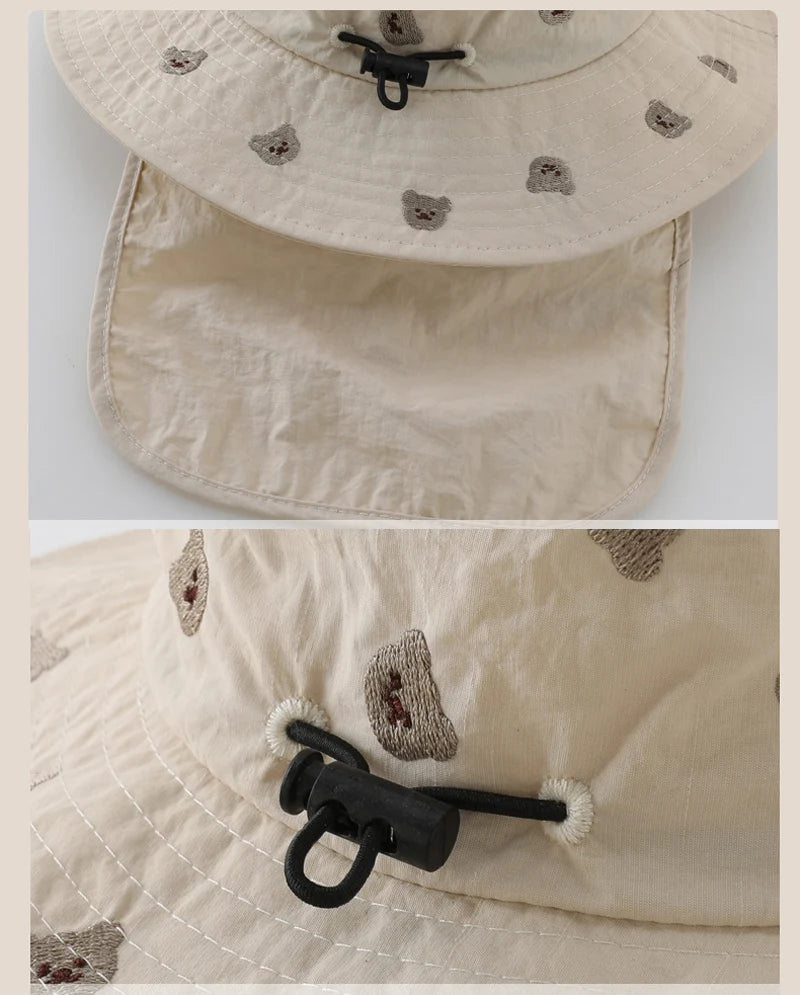 Summer Baby Sun Hat Quick-dry Beach Children Panama Cap for Girls Boys Embroidery Cartoon Kids Bucket Hats Neck Protection 1-4Y