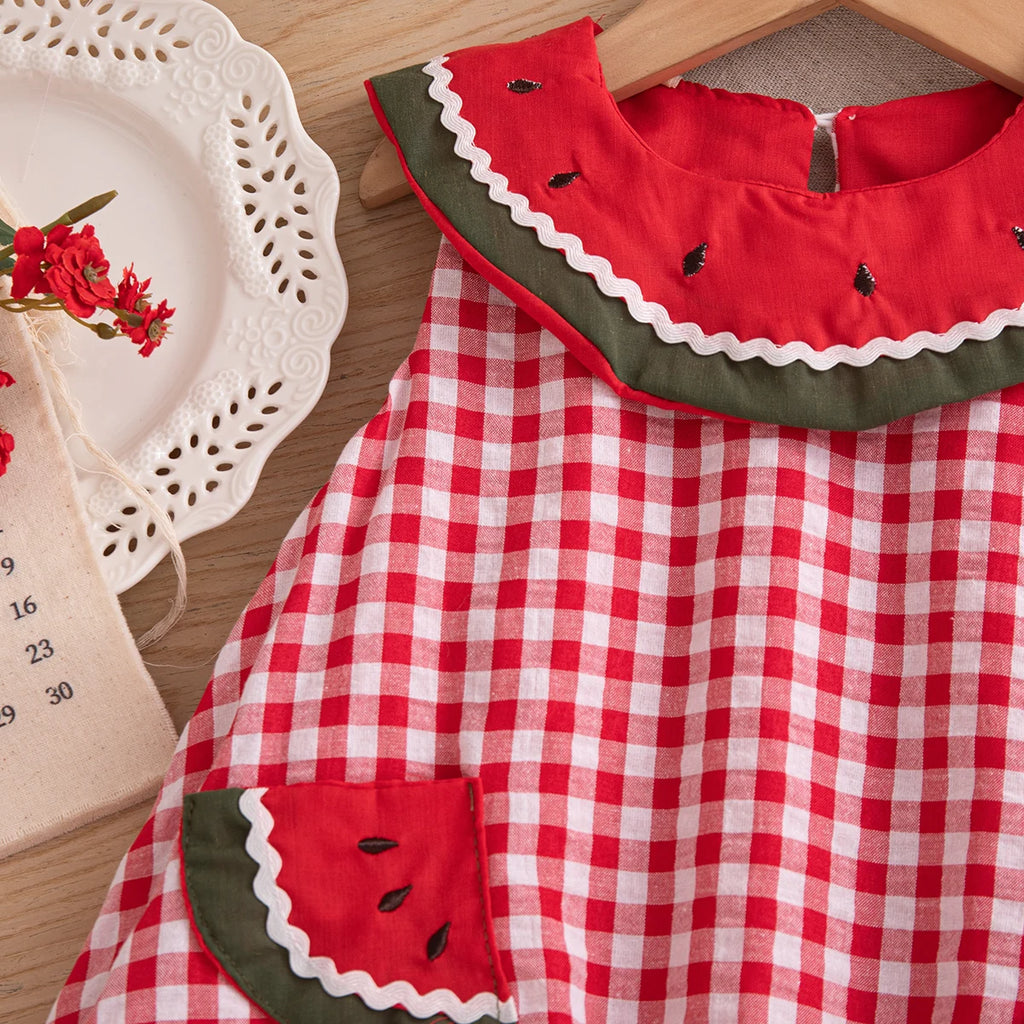 Baby Girl Dress Summer Cotton Solid Color Grid Watermelon Round Neck Sleeveless Girl Dress Cartoon Cute Beach Baby Girl Clothing