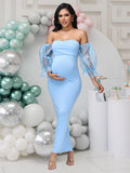 Maternity Summer Lantern Sleeves Photography Dress Off Shoulder Slim Fit Elegant Gown for Baby Shower Photoshoot