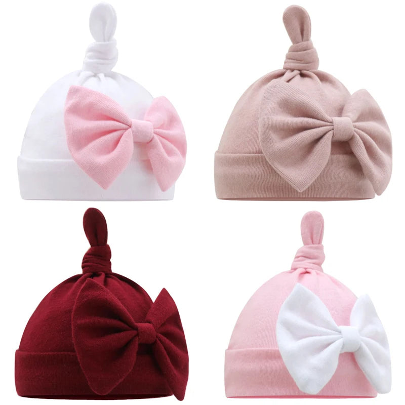 Solid Cotton Bow Knot Turban Hats for Baby Girls Beanies Soft Thin Elastic Caps Bonnet Newborn Infant 0-6 Months Headwraps