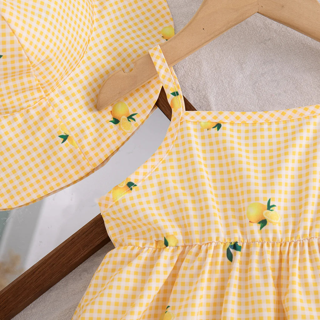 Baby Dresses Summer Cotton Plaid Full Printed Suspender Baby Girl Dress Sweet And Casual Beach Baby Girl Clothing With Hat