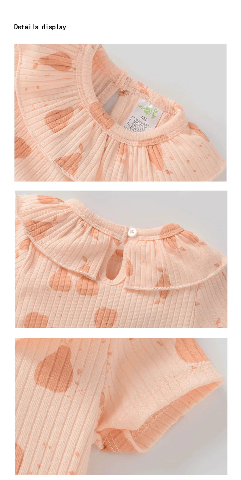 1 Piece Summer Short-sleeved Baby Bodysuit with Frills, Baby Girl with a Lace Collar and Ribbed Seam, a Cute Onesies