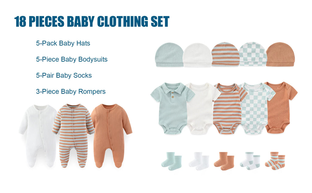 18 Pieces Cartoon Cute Baby Clothing Set Newborn Boys Girls Bodysuits+Rompers+hats+Socks Outfits Four Seasons Infant Clothes