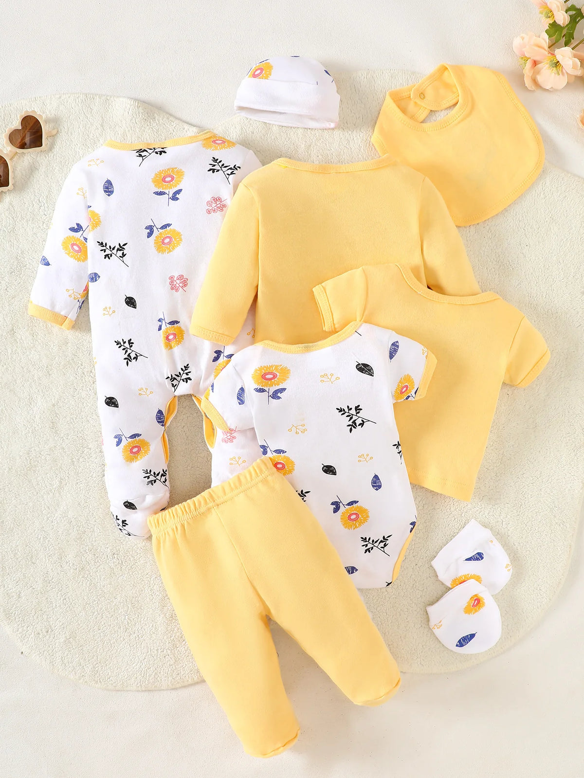 8-Piece Newborn Baby Romper Set, Made of 100% Pure Cotton, Soft and Breathable. Features a Yellow Floral Pattern, Suitable for N