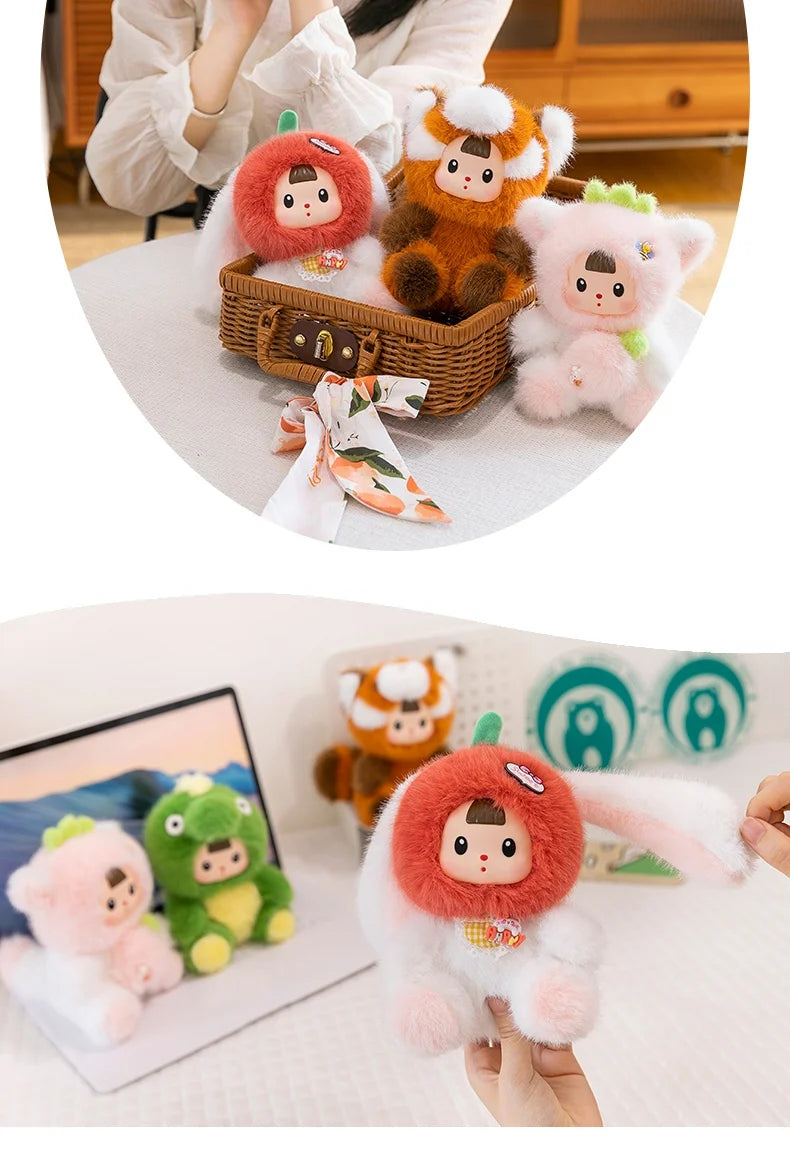 17cm Soft Vinyl Face Plush Little Dinosaur Tomato Rabbit Raccoon & Strawberry Doll Cute Cartoon Animal Stuffed Toy