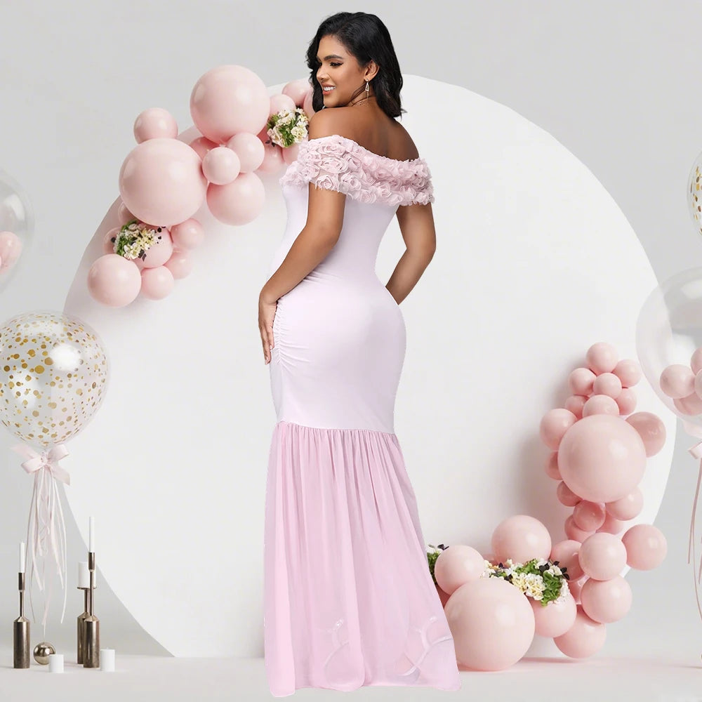 Maternity Floral off Shoulder Long Dress Chiffon Split Hem Photography Props Gown for Baby Shower