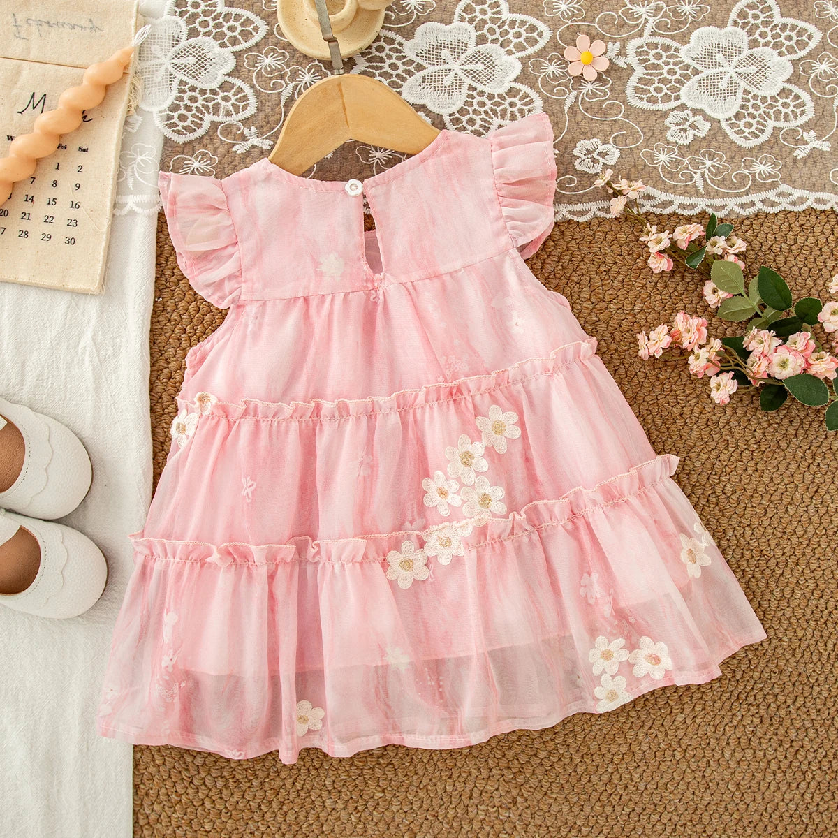 Baby Clothes for Girl Summer Fashion Floral Purple Birthday Party Baby Girl Fairy Dress Korean Style Sweet Toddler Tulle Dress