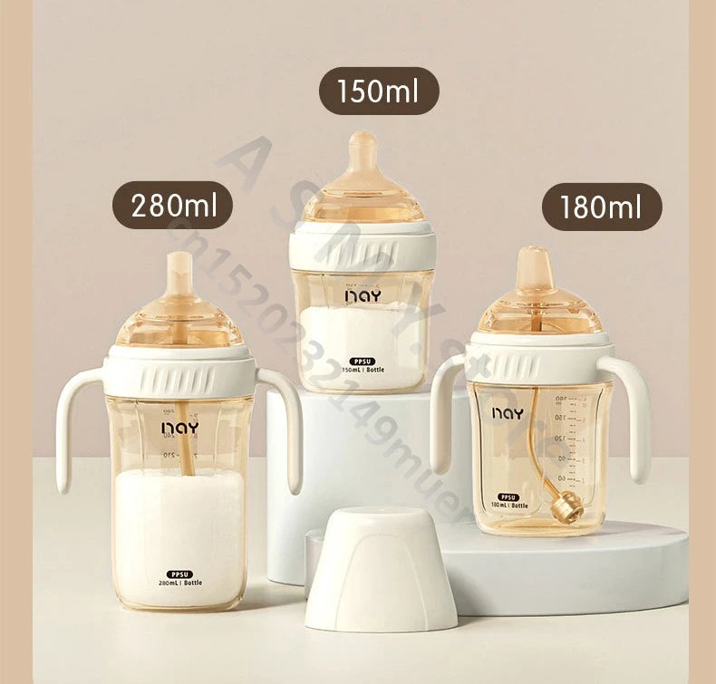 PPSU baby bottle, wide caliber, anti bloating and anti choking, baby learning drink cup, children's milk straw cup