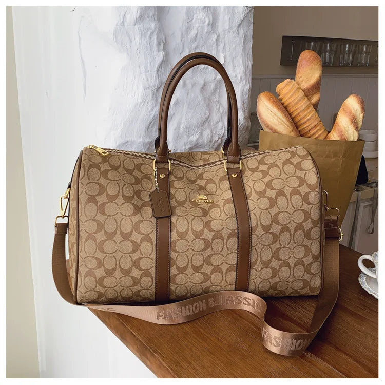 Classic Vintage Monogram Travel Duffle Bag, Trendy Versatile Overnight Weekender Bag with Top Handles & Adjustable Strap