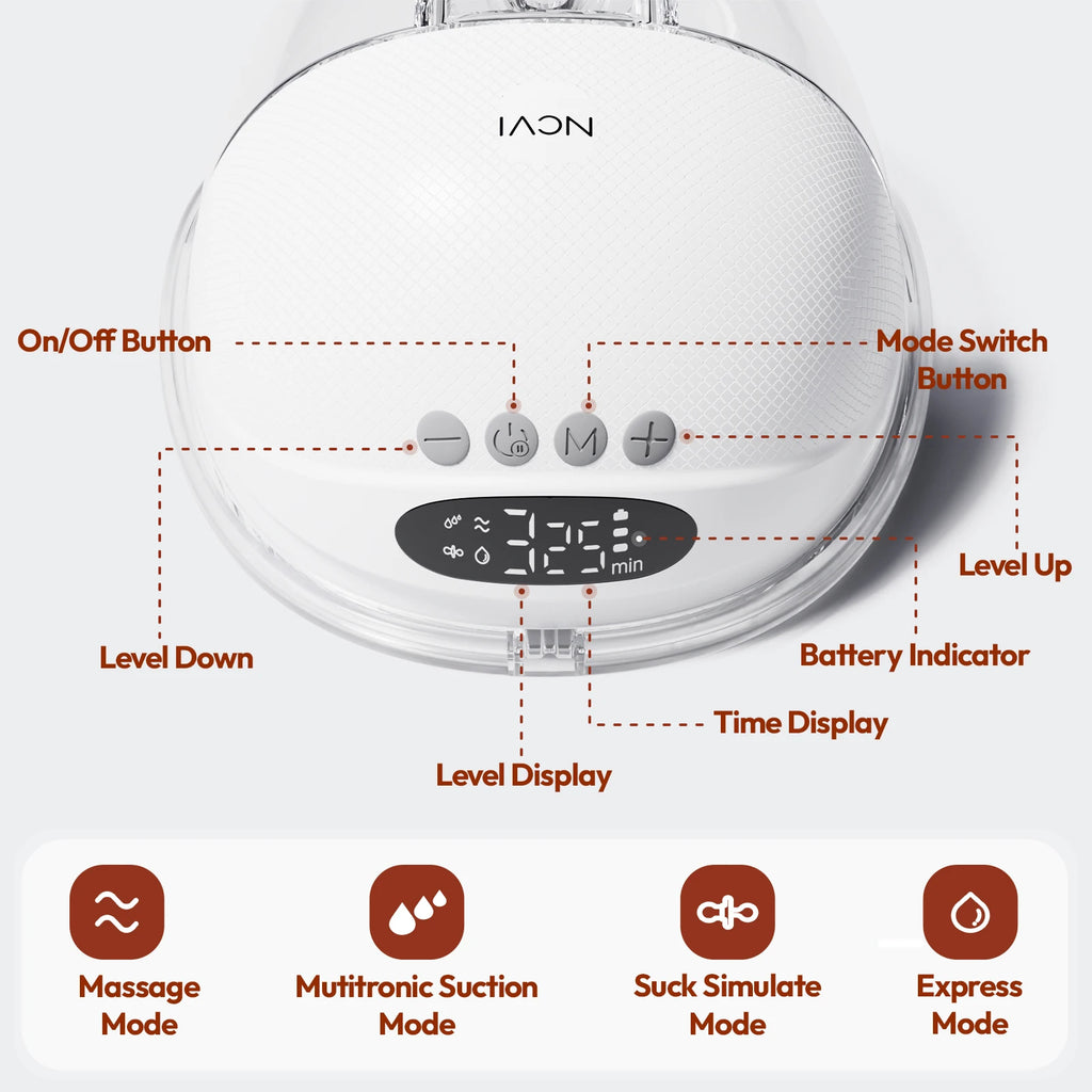 NCVI Electric Breast Pump, Hands-Free Breastfeeding Pump with 4 Modes & 9 Levels, Low Noise, 19/21/24mm Flanges