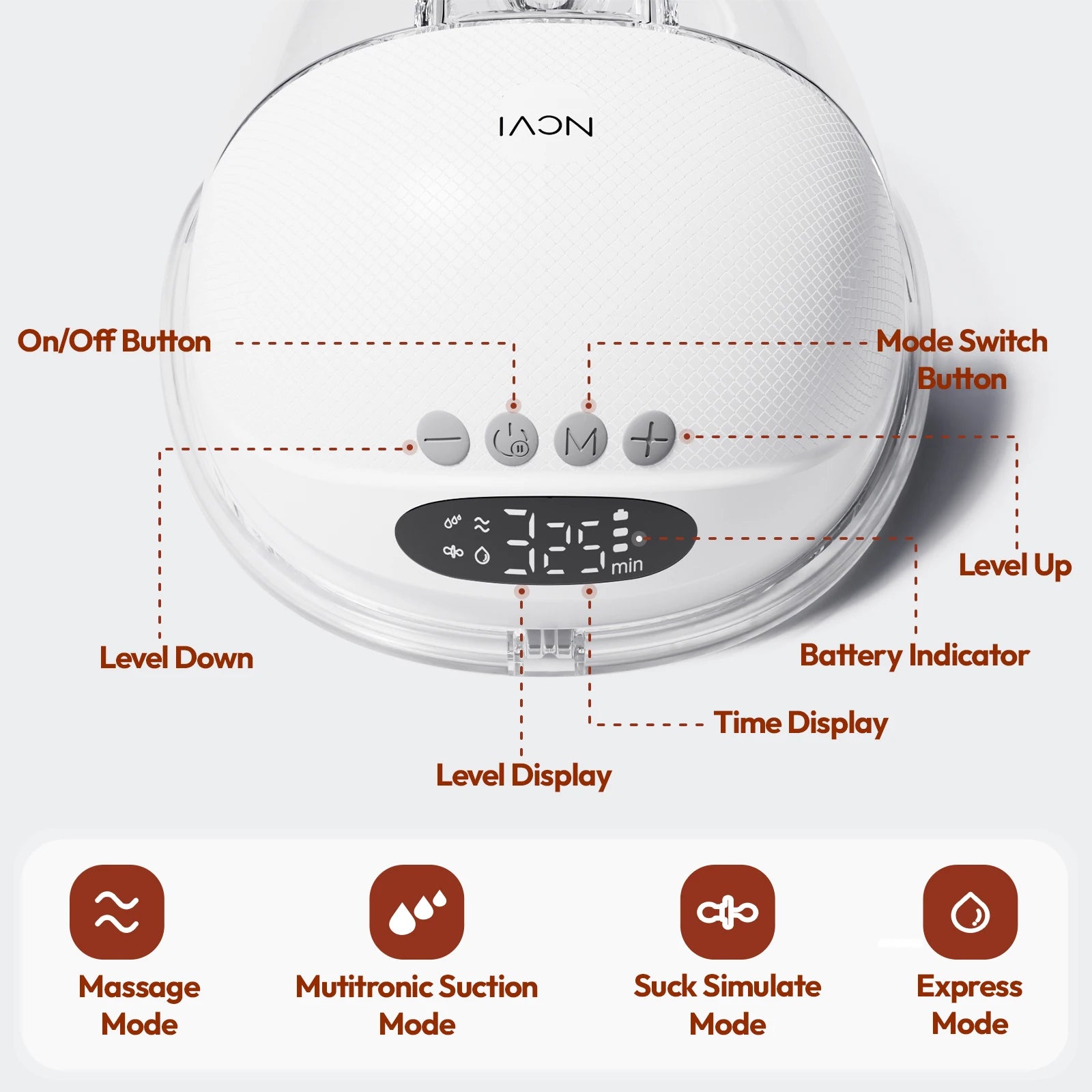 NCVI Electric Breast Pump, Hands-Free Breastfeeding Pump with 4 Modes & 9 Levels, Low Noise, 19/21/24mm Flanges