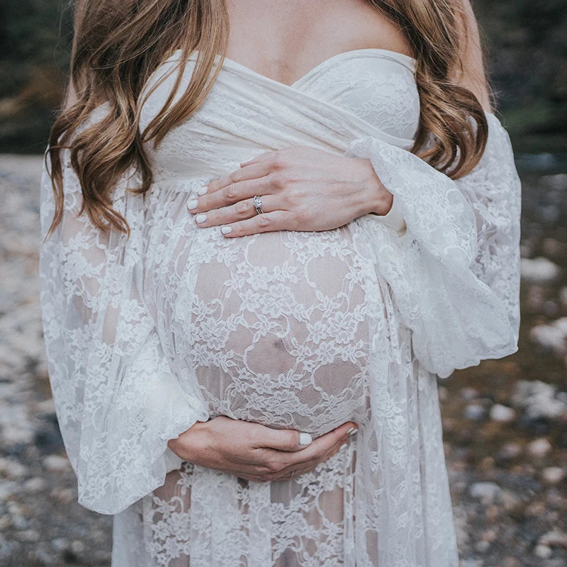 Maternity Dress Soft Stretchy Lace Off Shoulder Doubly Split A line Skirt Pregnancy Maxi Gown for Photoshoot