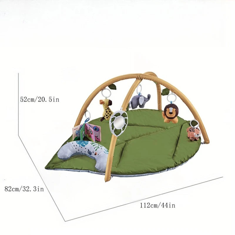 Baby Activity Gym Play Mat Leaf Shaped Crawling Rug with Mirror Sensory Hanging Toys Cloth Book Tummy Time Pillow 0-18M