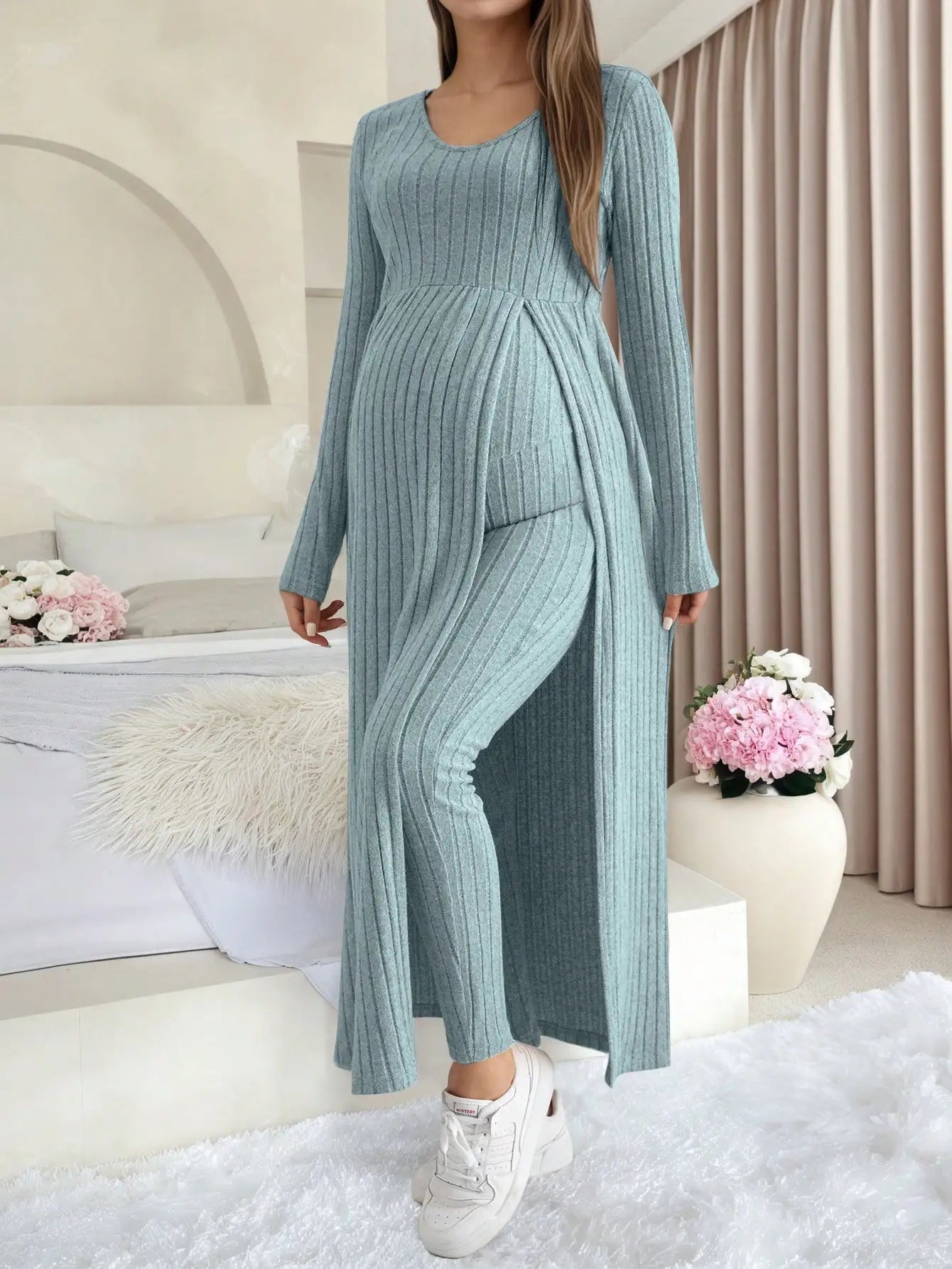 Maternity Women's Two Piece Sets and Outfits Long Sleeve Soft Ribbed Longline Casual Home Lounge Pants Set
