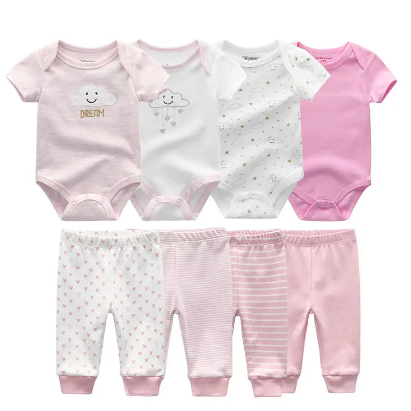 8-Piece Cartoon Baby Bodysuits and Pants Cotton Newborn Unisex Short Sleeve Onesies Trousers 0-12 Months