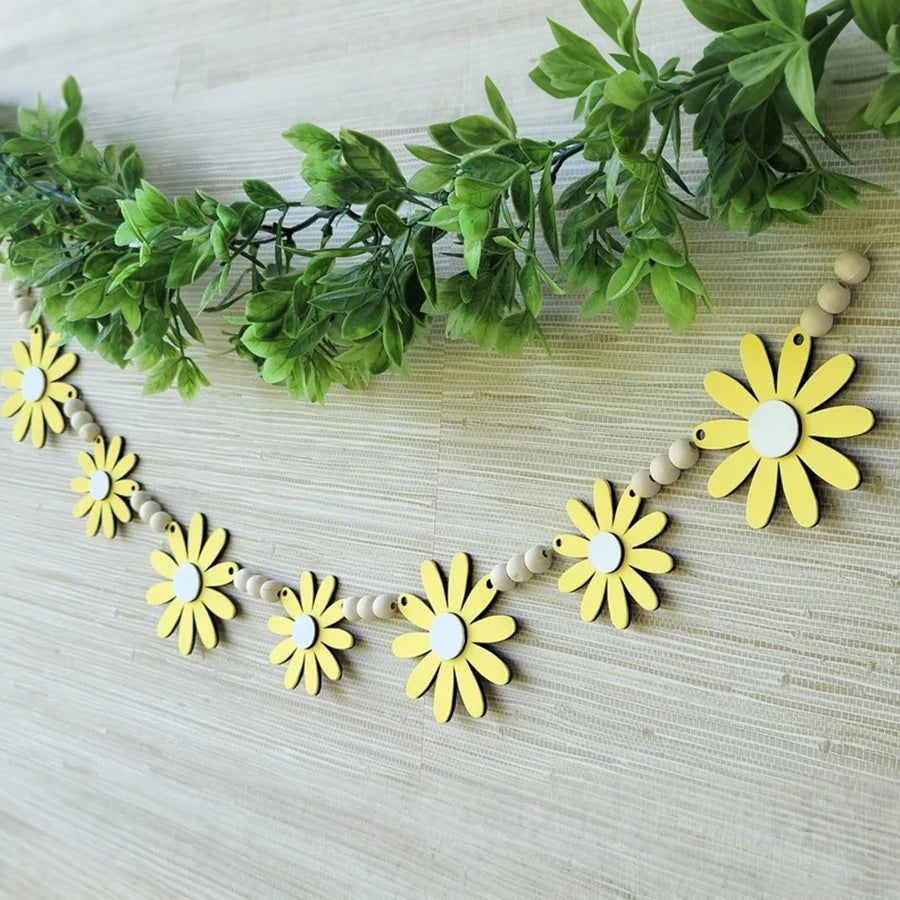 Ins Nordic Style Yellow Wooden Daisy Wreath, Spring Vibe Home Decor Wall Hanging, Wedding Decoration Garland, Four Seasons Room Wall Decoration Garland, Tent Curtain, Festival Event Wall Hanging Decoration
