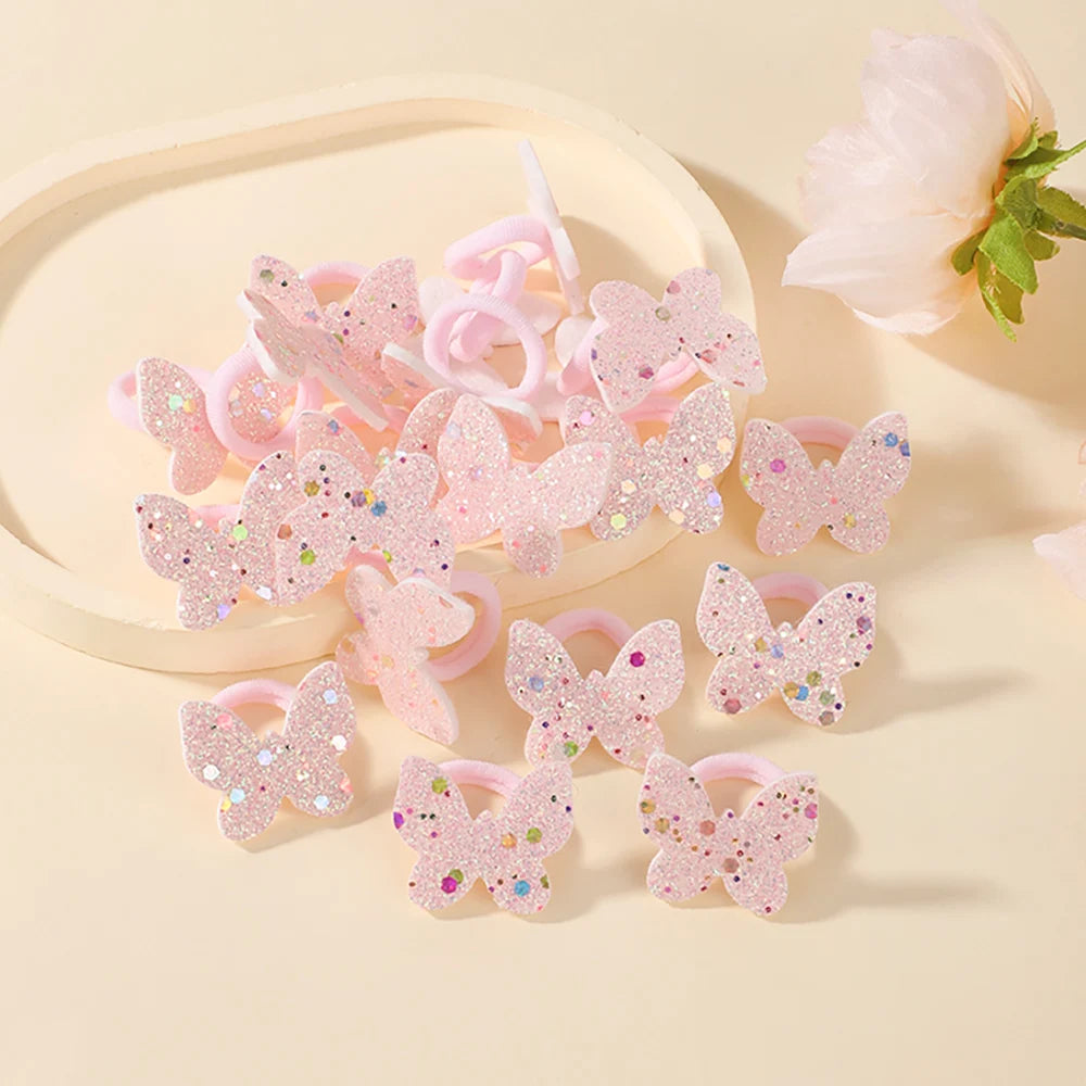 20Pcs/lot Sequin Butterfly Hairbands for Children No Harm To Hair Cartoon Towel Rope Girls Ponytail Holder Rubber Band Headwear