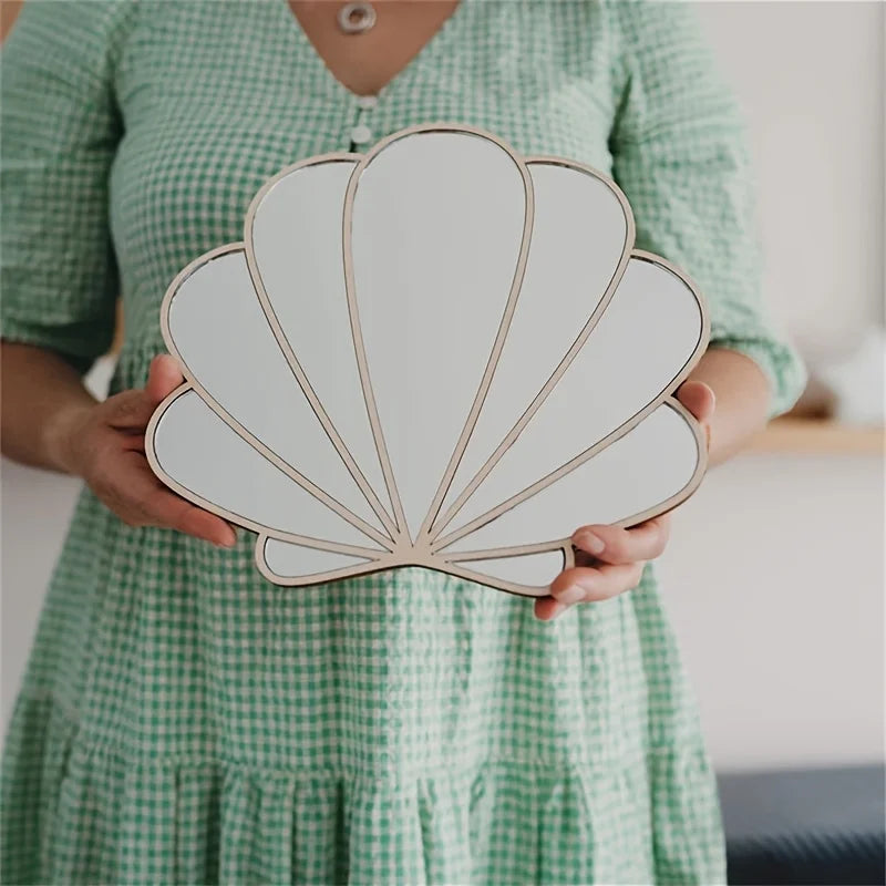 Scandinavian wooden shell mirror with anti-shatter silver surface and minimalist wooden frame wall decor