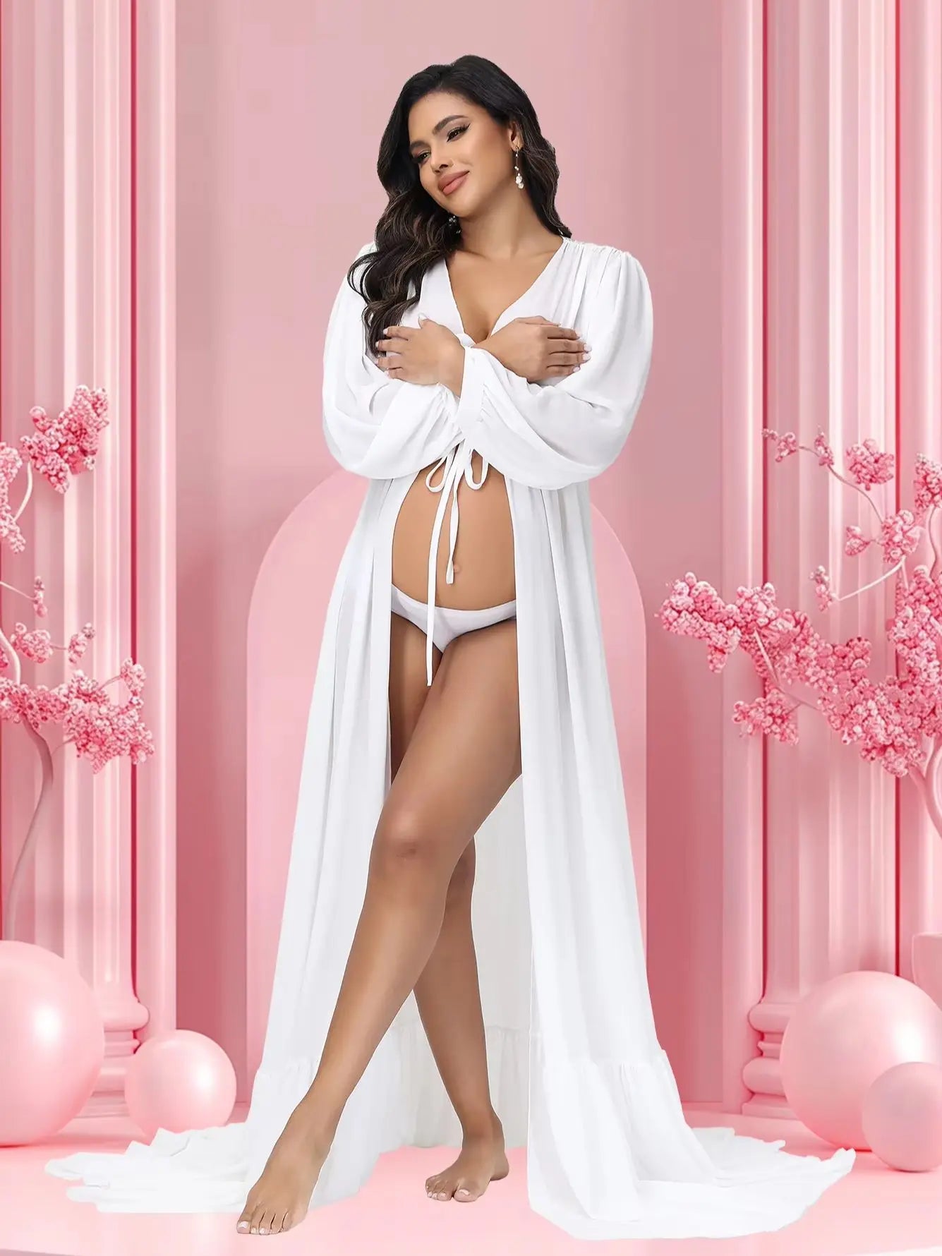 Maternity Chiffon V-neck Lantern Sleeves Slit Robe for Baby Shower Maxi Gown Photography Dress