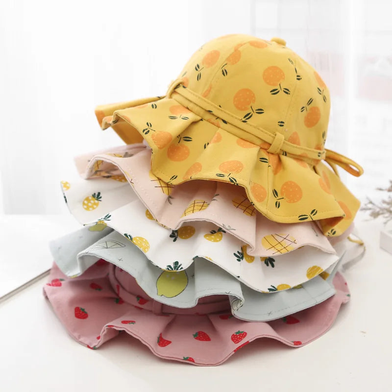 Sweet Baby Summer Hat for Girls Cotton Fruit Print Kids Bucket Hats Bowknot Princess Children Sun Cap Beach Travel 1-3Y