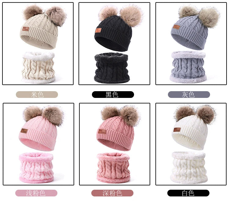 Winter Children's Scarf Hat Three-Piece Set with Pom-Pom Baby Infant Knitted Hat Warm Wool Thickened