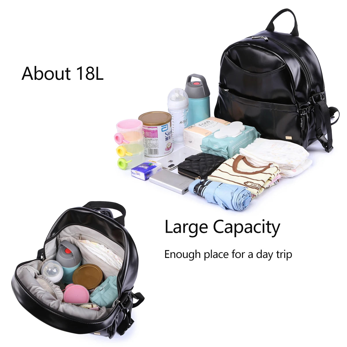 New Fashion PU Black Diaper Backpack for Baby Large Capacity Waterproof Pockets Diaper Bag for Mother Travel Stroller Bag
