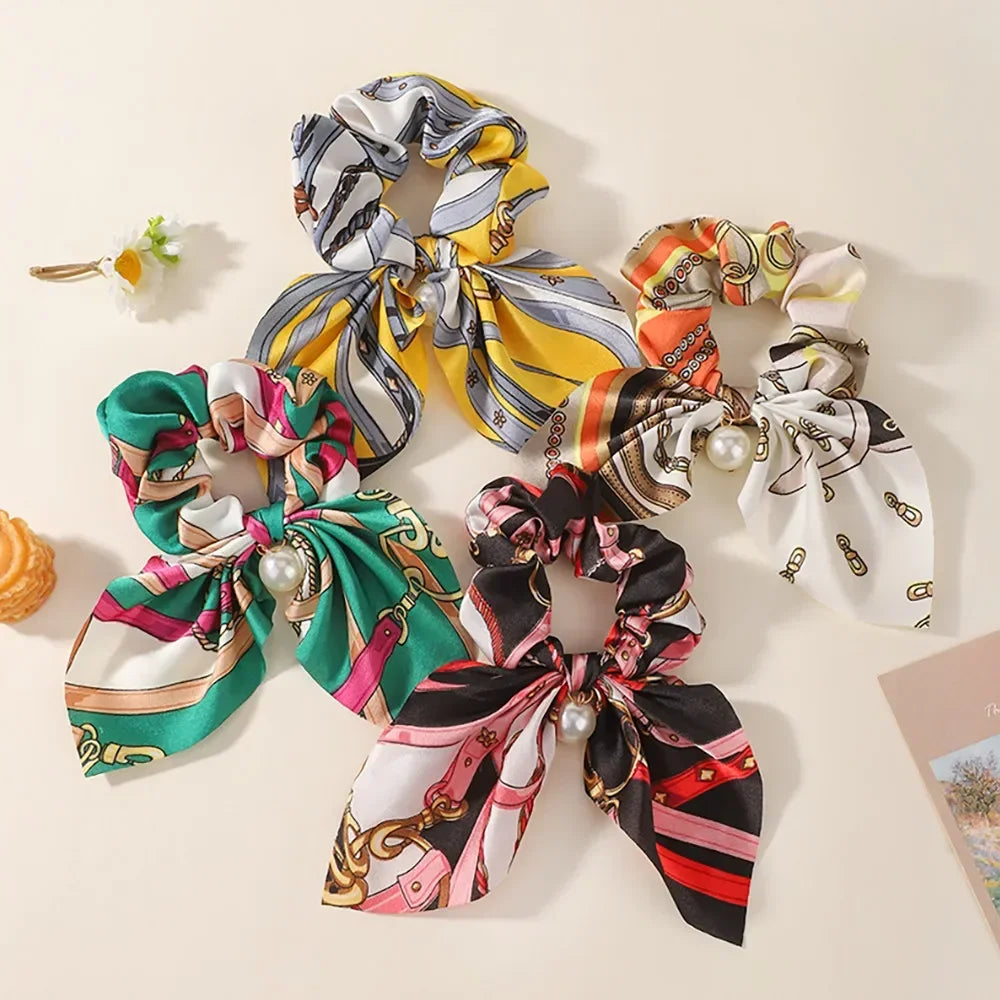4Pcs/set Chiffon Printed Bowknot Elastic Hair Bands for Women Girls Pearl Scrunchies Headband Hair Ties Ponytail Holder