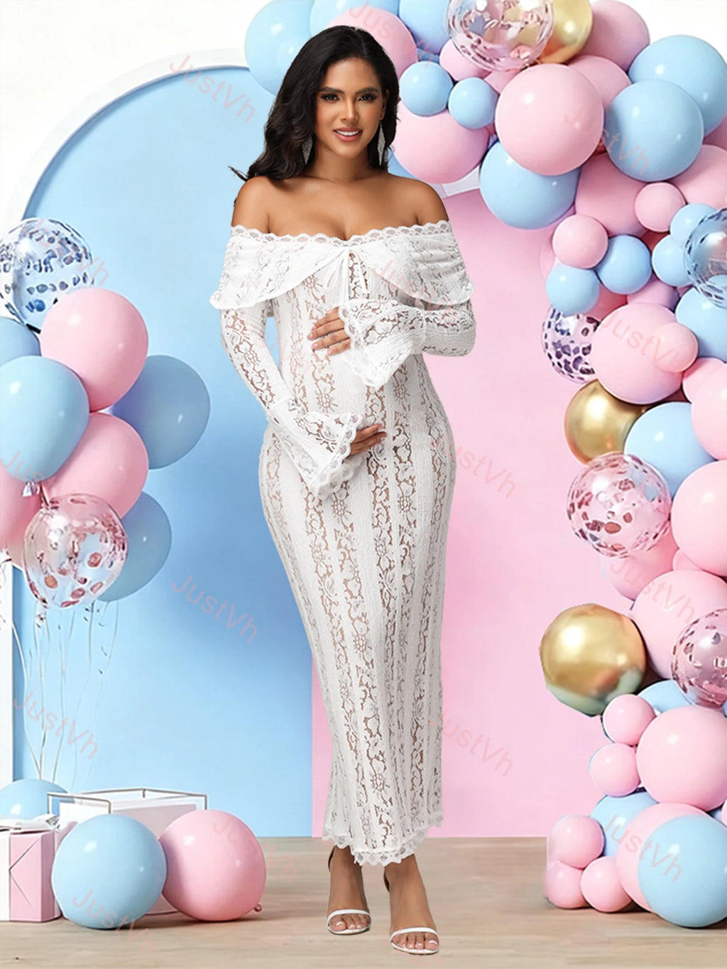 Maternity Lace Off Shoulder Dress Long Bell Sleeves Slim Photography Gown for Photoshoot Baby Shower