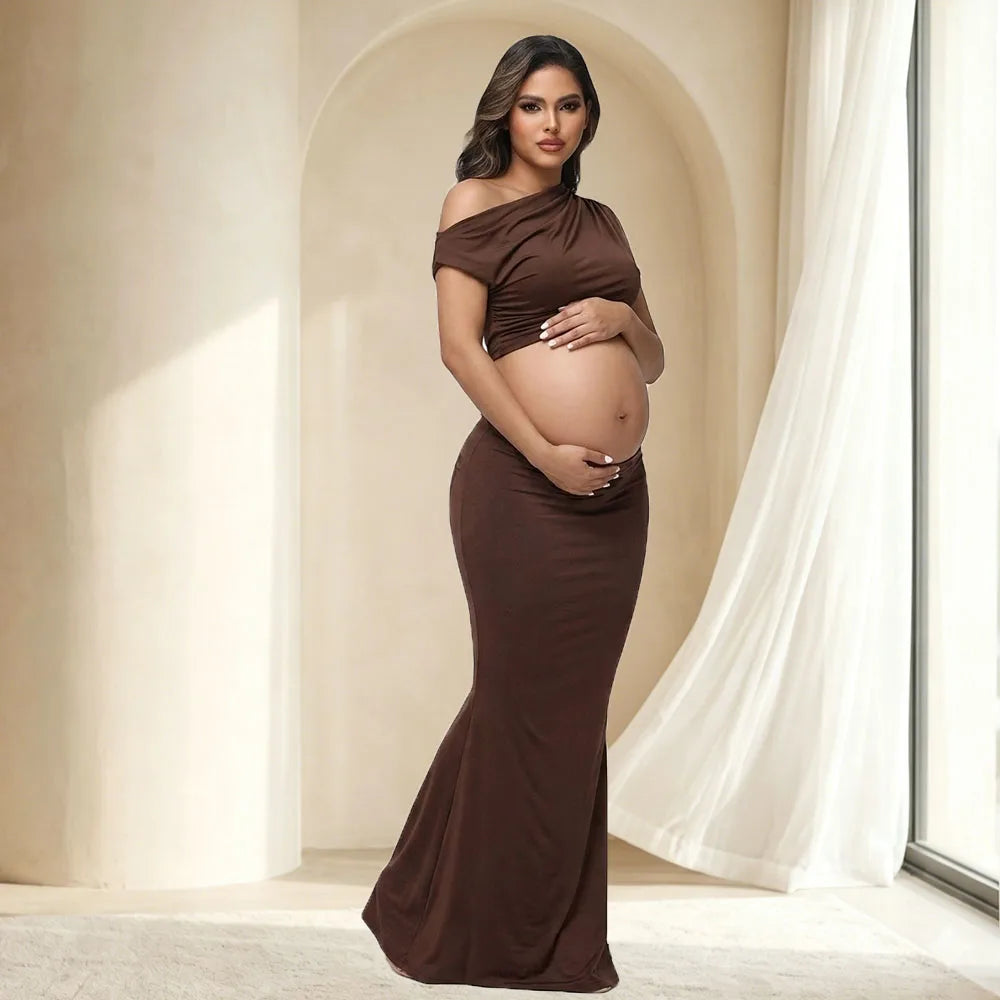 Summer 2 Piece Set Maternity Women's One Shoulder Sleeveless Photography Outfits Cutout Maxi Gown for Baby Shower Photoshoot