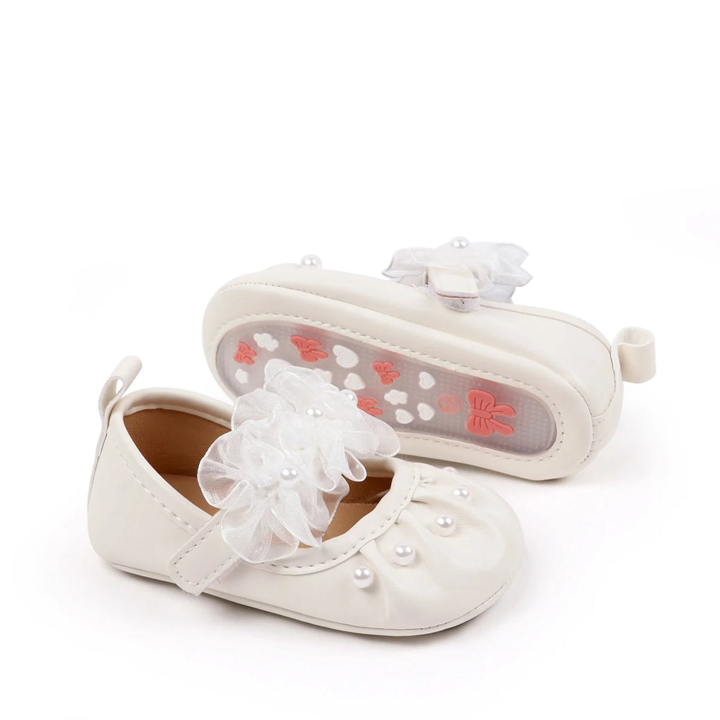 Charming Baby Girls' Pearl Decor Mesh Flower Soft Sole Flats