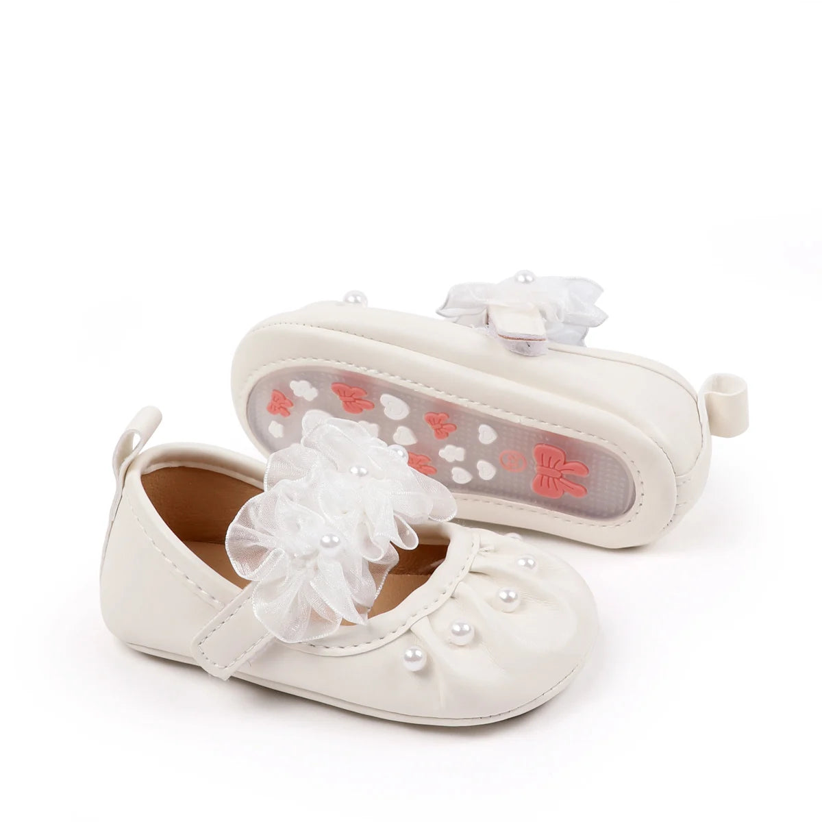 Charming Baby Girls' Pearl Decor Mesh Flower Soft Sole Flats