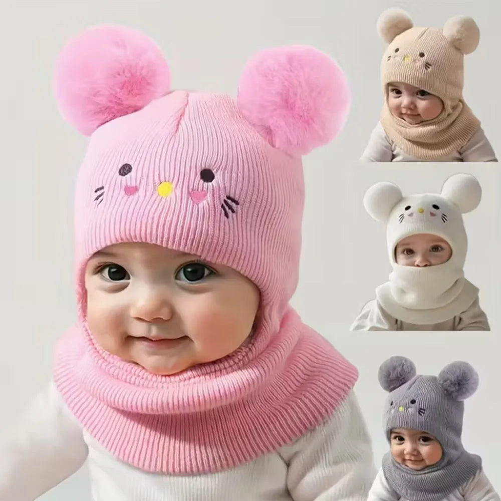 0-3Y Kids Balaclava Toddler Beanie Double Balls Baby Cat Stretchy New Born Girls Boys Beanies Winter Hats for Cold Weather Gear