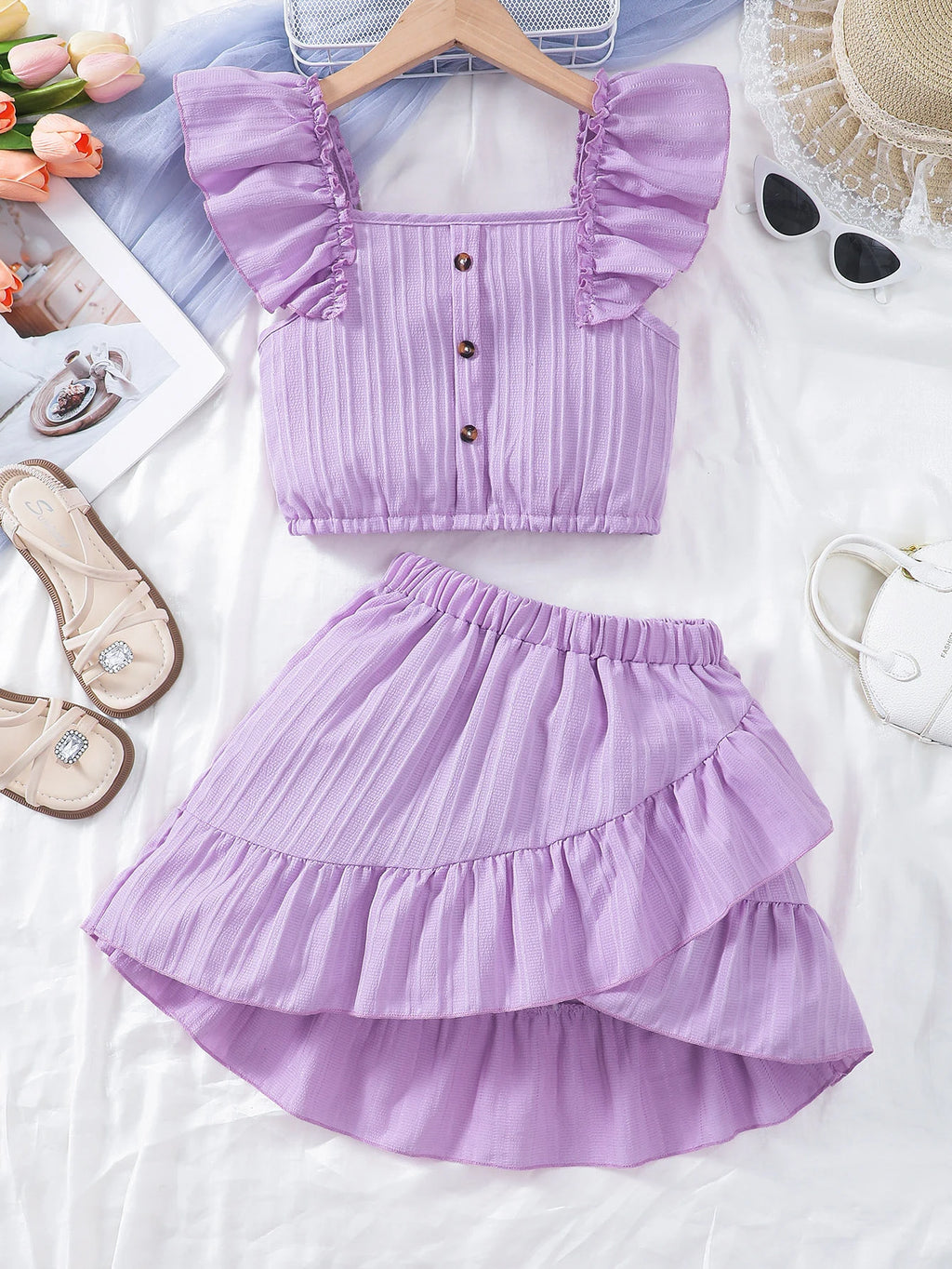 Children's Summer Set Flying Sleeve Solid color Top and Irregular Design Dress Fashion Set Suitable for Girls Aged 8-11 Years