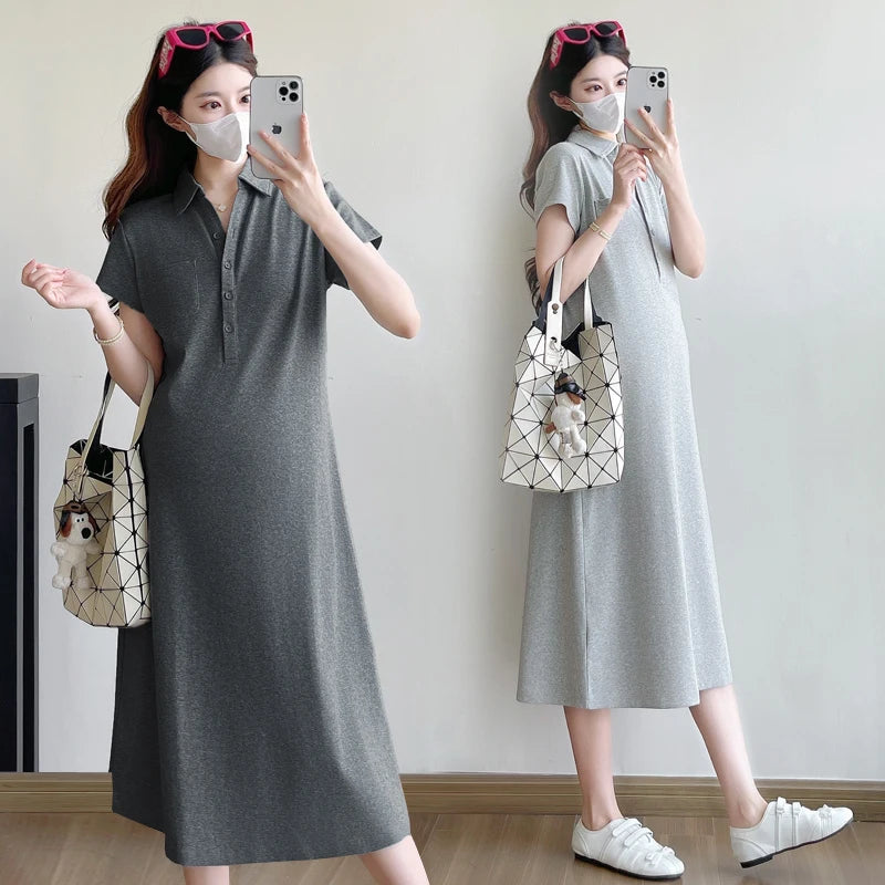 Korean Style Pregnant Woman Knitted Dress for Summer Short Sleeve Turn-down Collar Maternity Casual Dress