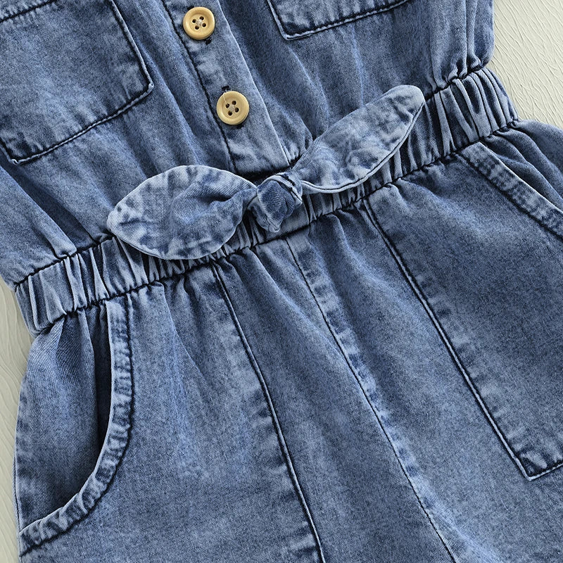 1-5Y Girls Kids Denim Overalls Shorts Short Sleeves Turn Down Collar Button Down Elastic Waist Jean Romper Jumpsuits Clothes